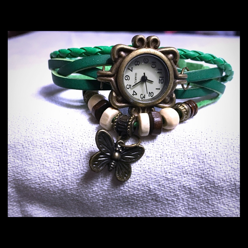 Bronze butterfly charm watch Green